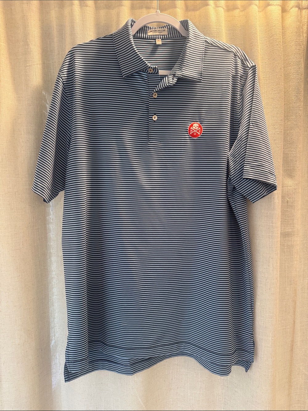 Peter Millar Summer Comfort  Striped Gold Shirt with Skull & Crossbones Patch